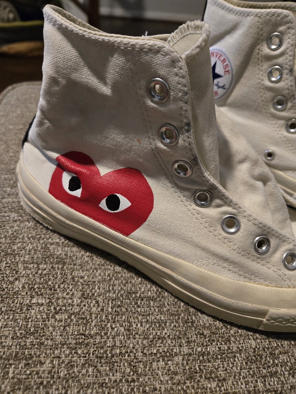 Comme des Garçons Canvas High-Top Sneakers in White with Red Heart